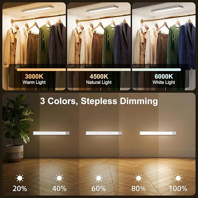 Reoshine 126 LED Under Cabinet Lighting Wireless, 2500mAh Rechargeable Closet Lights Motion Sensored, 3 Color Temps, Dimmable Magnetic Light Bar for Kitchen, Pantry, Stair (2 Pack)
