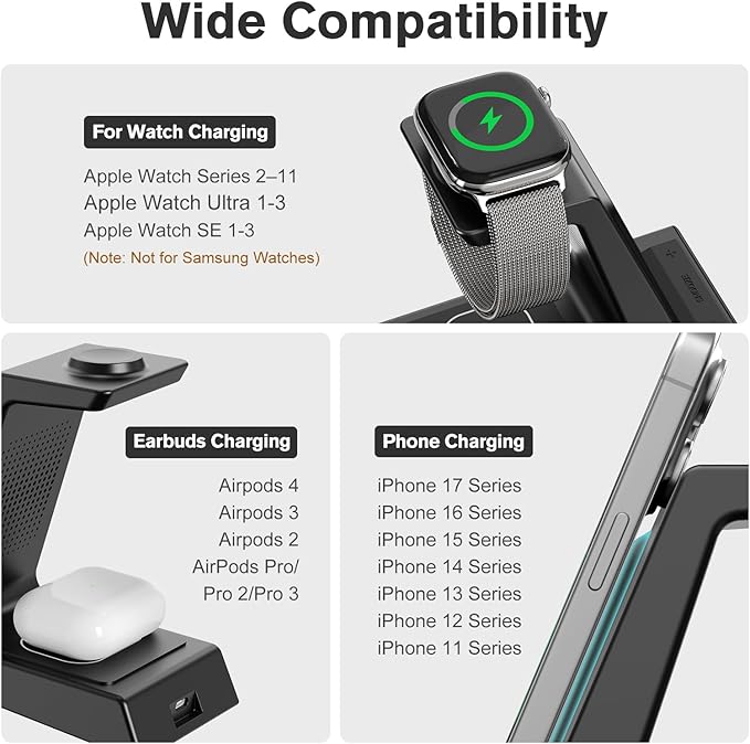 ANJANK 4 in 1 Wireless Charging Station Alarm Clock, Charging Dock for Apple Devices, Charger Stand for iPhone 17 Air 16 15 14 13 12 Series for Apple Watch 11 10 9 8 7 6 5 UItra/SE & AirPods, Dimmable