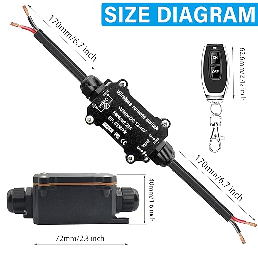 DC 12V 24V 48V Wireless Remote Control Switch,433MHz RF Relay Switch 20A Heavy Duty,IP67 Waterproof Receiver,164Ft Long Range Control for RV,Marine,Solar,Water Pump,Lights, Fans