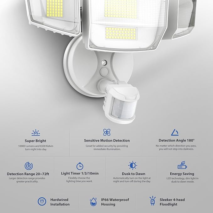 Onforu 90W 10000LM LED Motion Sensor Outdoor Lights, 4-Head Dusk to Dawn Outdoor Lighting, 2 Pack Hardwired Flood Lights, IP66 Waterproof 6500K Security Floodlight for Outside (White)
