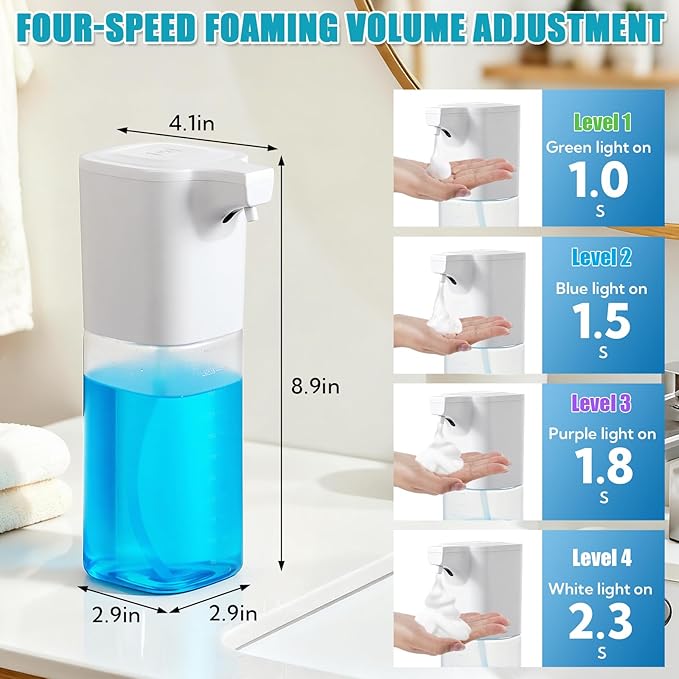 4 Pack Automatic Soap Dispenser Touchless Foaming Soap Dispenser 18.5oz/550ml 4-Level Adjustable Waterproof USB Rechargeable Dispenser Electric Wall Mounted for Bathroom Kitchen Dish Hand Soap