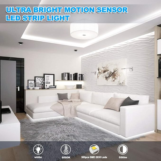 MY BEAUTY LIGHT Motion Activated LED Strip Lights, 16.4ft LED Light Strip with Day or Night 2 Lighting Modes, 3 Timing Off Modes, Bright White 12v Plug-in LED Rope Lights for Under Cabinet, Kitchen