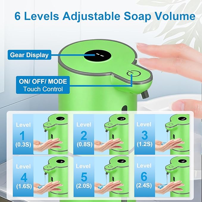 OHIFAST Automatic Liquid Soap Dispenser Touchless, USB Rechargeable Smart Hand Soap Dispenser, 6-Level Adjustable, 12.8oz/380mL Wall Mounted for Bathroom Kitchen Accessories Dish Soap-Green