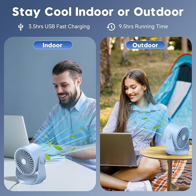 YOSHENMO Desk Fan, Turbo Table Fan for Bedroom, 100-Speed Digital Display, Low Noise, 105° Adjustable Tilt, 7.5-inch, Rechargeable Battery, Wall-Mouted Design for Home, Office, Travel Blue