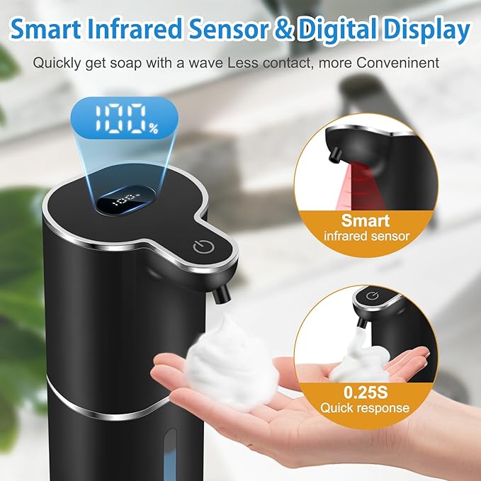 Automatic Foaming Soap Dispenser with Digital Display, 6-Level Foam Adjustable, Rechargeable, 12.8oz/ 380ml Wall Mounted Touchless Hands Free Auto Dispenser for Kitchen, Bathroom, Hotel, Restaurant