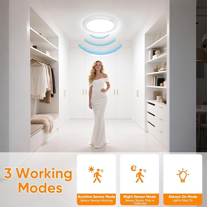 2 Pack Rechargeable Motion Sensor Ceiling Light with 12 RGB Colors and Cool White Lights, Battery Operated Ceiling Light with Remote, Magnetic Motion Sensor Lamp for Closet Pantry Hallway Porch