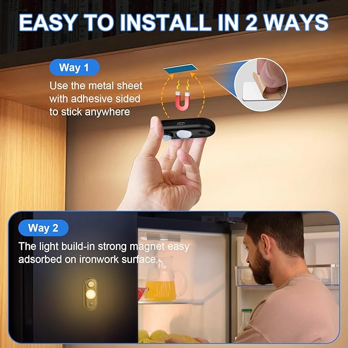 LED Motion Sensor Light Indoor, Magnetic Under Cabinet Lighting Warm White, Black Dimmable Rechargeable Puck Lights for Closet, Kitchen, Stairs(6 Pack)