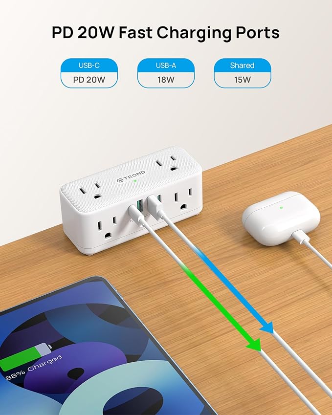 TROND Small Footprint Desk Clamp Power Strip USB C PD 20W, Flat Plug Extension Cord 10ft, 3 Sided 6 Outlets, 4 USB, 900J Surge Protection, Fit 2.16" Tabletop Edge, Home Office Desk Accessories, White