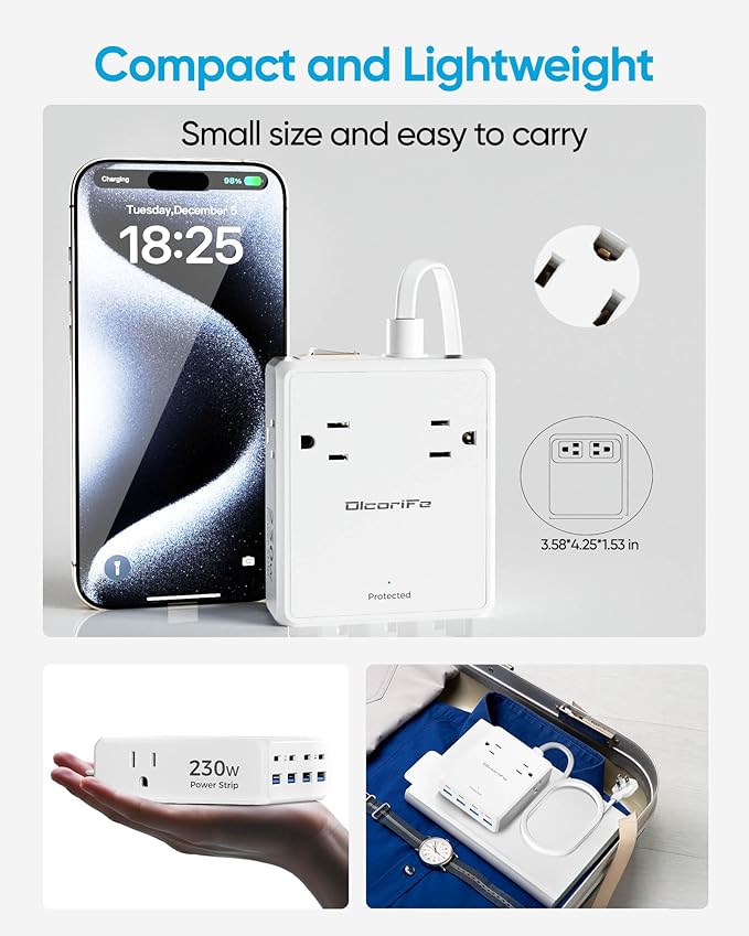 Olcorife 230W USB Power Strip with 5 FT Extension Cord, 4 AC Outlets 8 USB Ports(4 USB-C&4 USB A), 3 Sided Outlet Extender for Home Office Travel Dorm Room Essentials, White