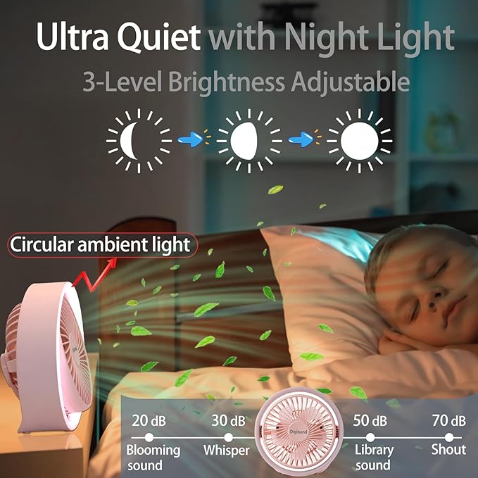 Digibond Pink Desk Fan, Small Quiet with Ambient Light/Hook Portable USB Fan 5.3in High Power 3000mAH Rechargeable Battery Operate 3 Speed 180°Rotated Easy Clean