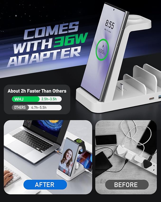 5 in 1 Wireless Charger for Samsung, Wireless Charging Station for Multiple Devices, Fast Charger Stand for Samsung Galaxy S26 S25 S24 S23 S22 Note 20 10 Z Fold 7 6 Galaxy Watch 8 7 6 5 Buds,White