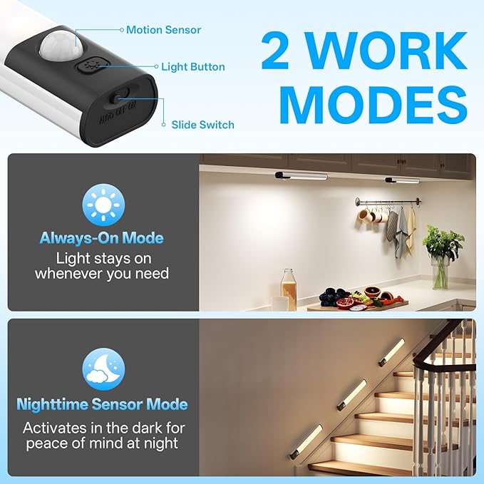 Under Cabinet Lighting,LED Closet Lights,Rechargeable Motion Sensor Light Indoor,3 Colors Dimmable,Magnetic Installation for Kitchen,Wardrobe,Bedroom,Drawer 3Pack