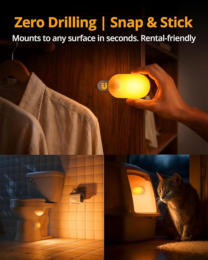 Lyridz Rechargeable Night Light with Motion Sensor, Dimmable Amber Nightlights for Bathroom, Bedroom, Kids Room, Hallway, Stairs, Pet House, 2 Pack