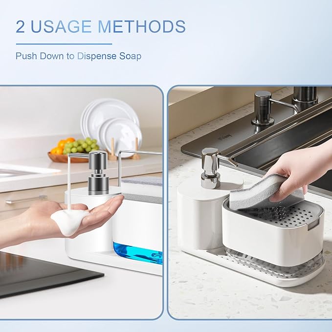Dish Soap Dispenser Set 4-in-1 Soap Dispenser for Kitchen Sink with Detachable Sponge Included Dish Liquid Dispenser, Bathroom Soap Dispenser, White