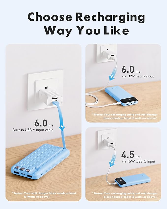 charmast Portable Charger with Reinforced Built-in 4 Cables,10000mAh Power Bank Travel Essentials 6 Outputs 3 Inputs 3A Fast Charging Compatible with iPhone iPad Samsung Google Pixel LG Moto