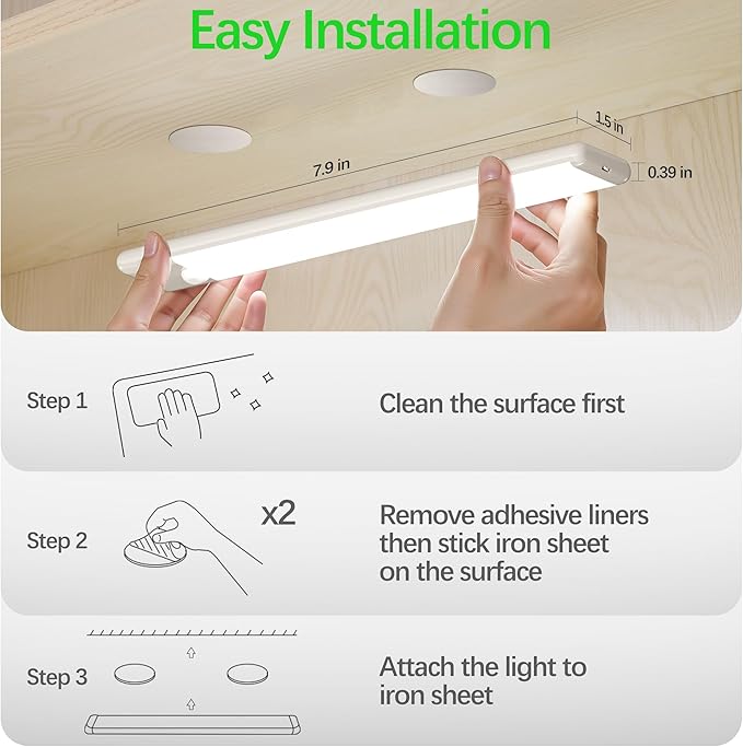 Motion Sensor Under Cabinet Lights, Magnetic Rechargeable Under Counter Closet Light, Wireless Night Light Bar Stick-On, 2-Pack, Neutral White