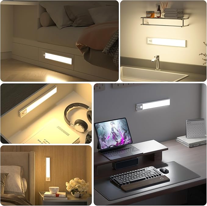 Under Cabinet Lights Motion Sensor 3 Color Temperatures LED Closet Light, USB-C Rechargeable Under Counter Lights Night Light for Kitchen, Wardrobe (Silver - 3 Color Remote, 8.07 Inch - 3 Pack)