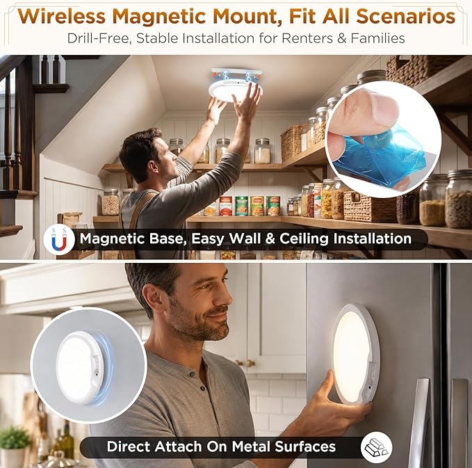 Rechargeable Ceiling Light 2 Pack, Magnetic Motion Sensor Ceiling Lights With 3 Color Remote, Wireless Battery Operated Dimmable Led Ceiling Lights for Closet Shower Stairs Hallway Shed Pantry Laundry