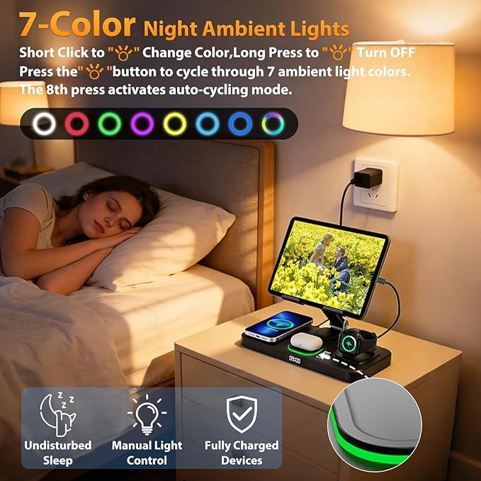 30W Charging Station for Apple Products, Foldable Wireless Charger with Clock Display&7 Color Light, Wired Charging for iPad/Tablet Charging Station for iPhone17, for Apple Watch11 for AirPods4(Black