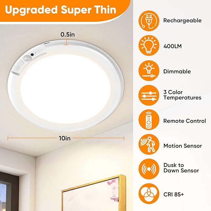 10" 8000mAh 2-Pack Rechargeable Motion Sensor Ceiling Lights with Remote, Battery Operated Closet Lights No Wiring, Wireless LED Shower Lights, 3 Color Dimmable Overhead Lamp for Closet Shower Pantry