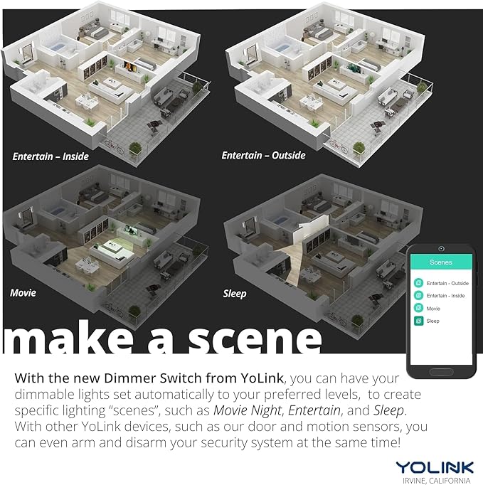 YoLink DimmerFob, Smart Buttons Fob, Remote Light Switch Controller for use with YoLink Smart in-Wall Dimmer Switches