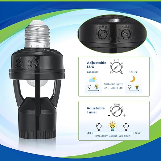 Hortsun 3 Pcs Motion Sensor Light Socket Smart Screw in Light Bulb Outlet Compatible with E26/e27 Motion Activated Bulb Holder Adapter Automatic Control for Porch Garage Storage Room (Black)