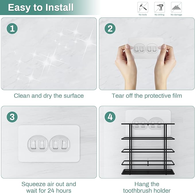 Shower Toothbrush Holder Wall Mounted, Adhesive Toothpaste Organizer for Bathroom Wall, Hanging Tooth Brush Holder Caddy with Drainage, Black RV Camper Bathroom Organizers and Storage