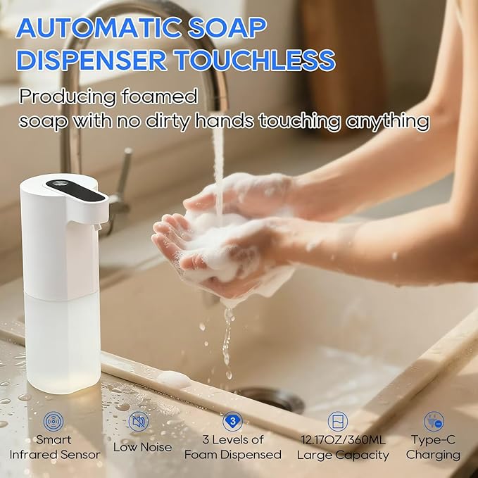 Automatic Soap Dispenser Touchless, Liquid & Foaming Soap Dispensers, USB Rechargeable Smart Hand Soap Dispenser, 3-Level Adjustable, 12.2oz/360ml (Gel Version and Foam Version)