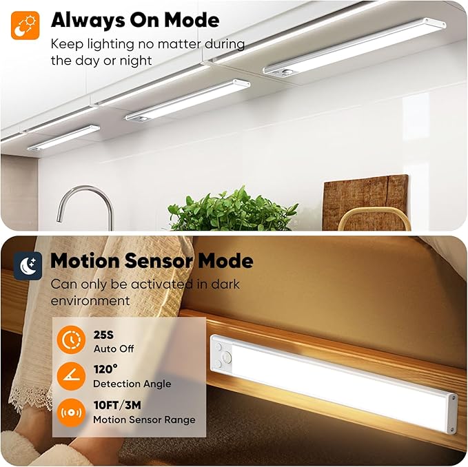 Brightever Under Cabinet Lights, 14inch Rechargeable Battery Operated Motion Sensor Lights Indoor, 3200mAh Wireless Magnetic Dimmable Under Closet Counter Night Lights for Kitchen Stair, 3 Packs