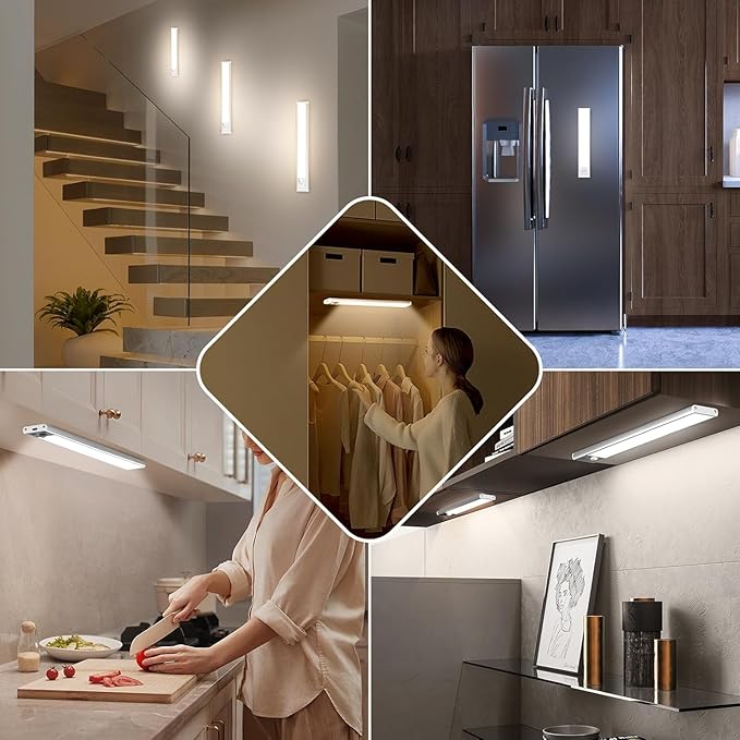 10 Inch Under Cabinet Lights, 2200mAh Rechargeable Battery Operated Motion Sensor Lights Indoor, Wireless Dimmable Closet Lights, 3 Color Under Counter Magnetic Night Lights for Kitchen, Stair, 3-Pack