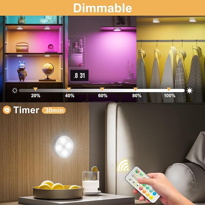 HOMEBEST RGB Puck Lights with Remote & Motion Sensor – 1500mAh Rechargeable Under Cabinet Lighting for Kitchen, Closet & Stairs – 13 Colors, Magnetic Stick-On Lights, 4 Pack