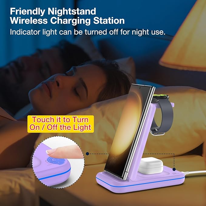 Multi Charger for Samsung, Foldable Charger ONLY for Galaxy Watch Ultra/7/6/5/4/3/Active 2, Travel 3 in 1 Fast Charging Station/Dock for Samsung S24/S23/S22/S21/S20/Note 20, for Buds 3/2 Pro(Violet)