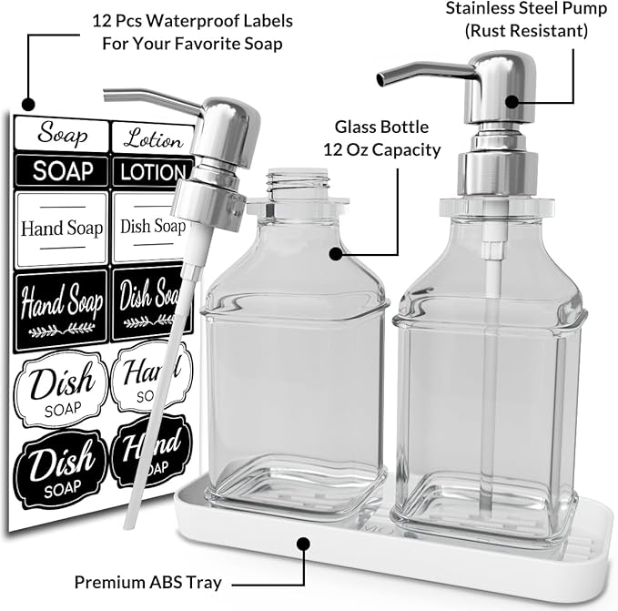LMQML Soap Dispenser - 2 Pack, Antique Design Thick Glass Hand Soap Dispensers with Sturdy Tray; 304 Rust Proof Stainless Steel Silver Pump, 12Pcs Stickers, for Kitchen, Bathroom