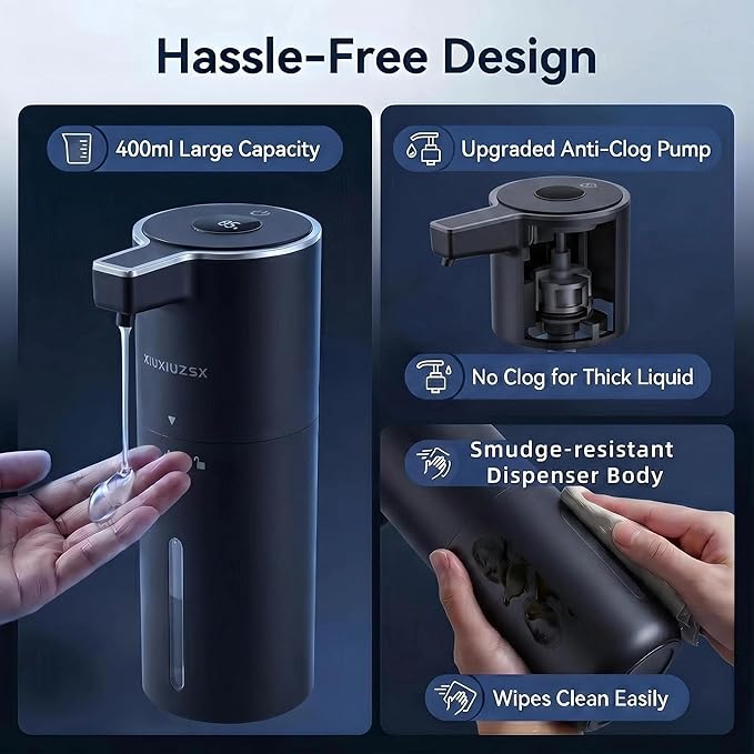 Automatic Soap Dispenser Liquid Touchless Upgrade Pump Uneasy Plugging Wall Mounted USB Rechargeable, 4-Level Adjustable 13.52oz Modern Electric Hand Soap Dispenser Kitchen Bathroom Kids Family Black