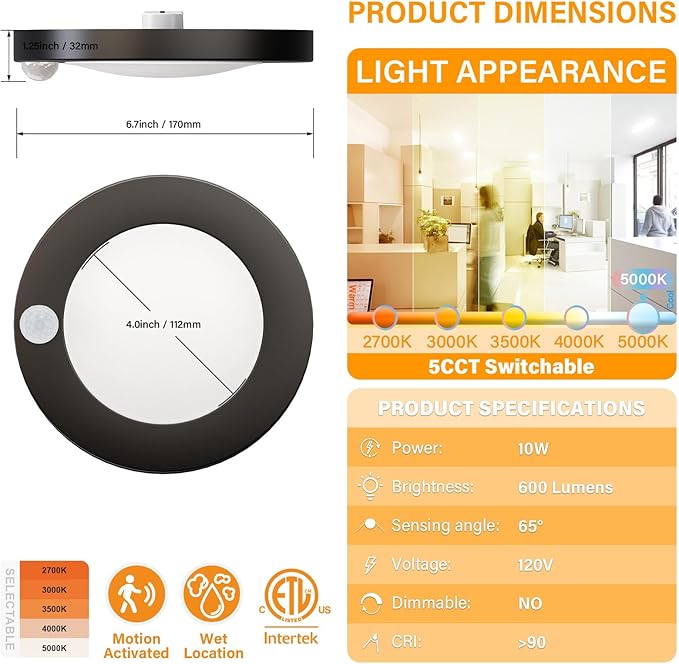 4 Inch Field Selectable 5CCT Black LED Motion Sensor Ceiling Light, 120V Wired Closet Light, 10 Watts, 600Lm, CRI80+, Non-dimmable, ETL Certified, Wet Location, Round, 4 Packs