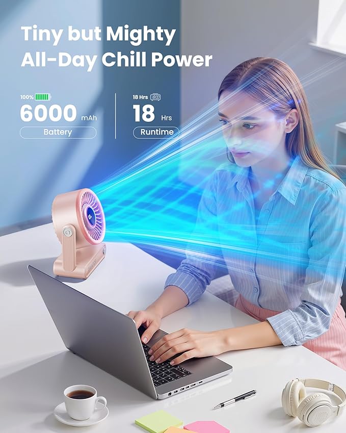 Gaiatop Portable Quiet Desk Fan, 6000mAh Rechargeable Battery Fan with RGB Ring, 18Hrs Runtime, 5-Speed Strong Wind, Bedroom Office Desk Accessories, Gifts for Women Girls Mom, Pink