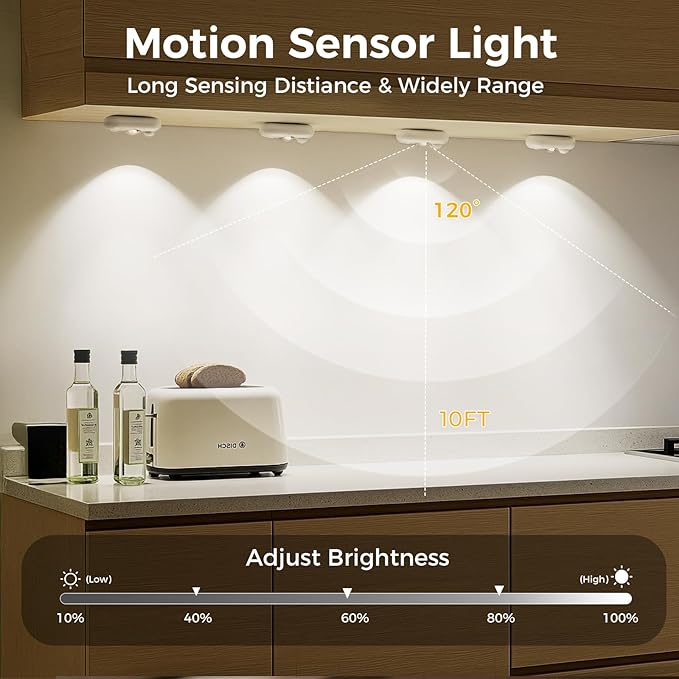 LED Motion Sensor Puck Lights, Small Rechargeable Under Cabinet Light, Dimmable Daylight White Closet Lights, Wireless Under Cabinet Lighting for Drawer, Kitchen (6 Pack)