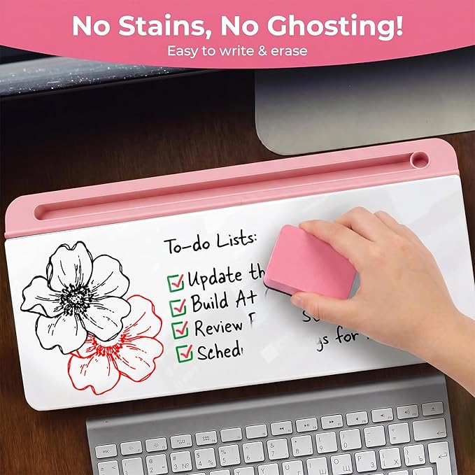 Chalkola Pink Glass Desktop Whiteboard with Storage - Dry Erase Board, Work Desk Organizers, Computer Keyboard Stand, Home Office Desk Accessories, Workspace Desktop Buddy