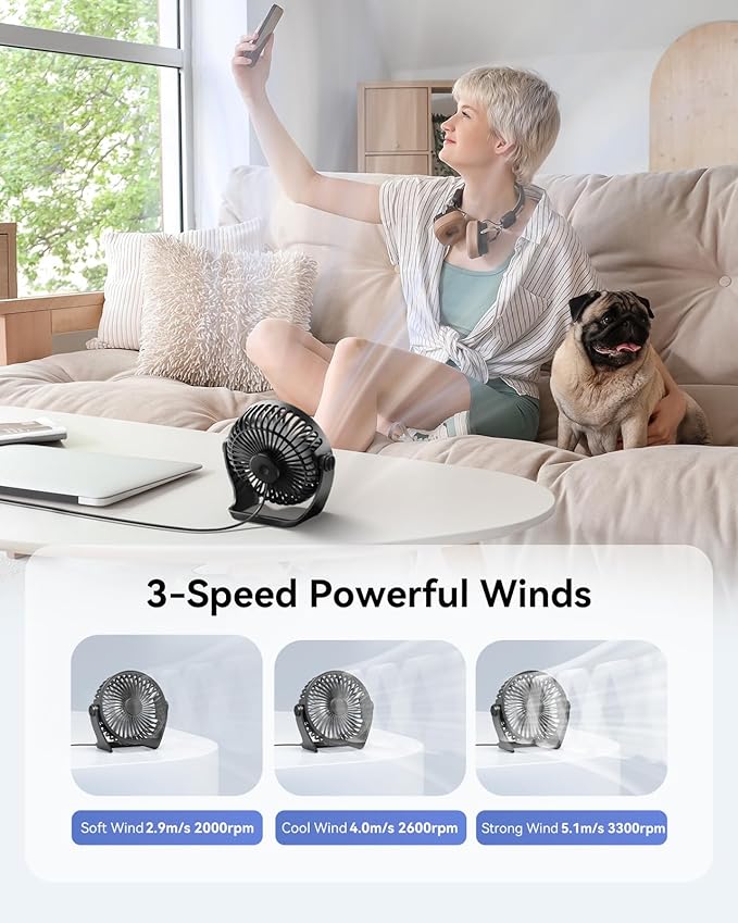 Edvision USB Desk Fan, 5 Inch Small Portable, 3 Speeds Powerful Wind Mini Personal Desktop Fan 360° Rotation Adjustable, Plug In USB Fan Quiet for Table Home Office Travel Car(Black)