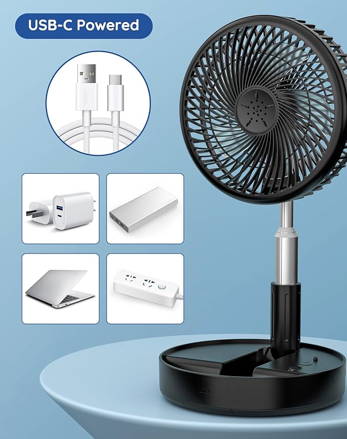Primevolve Portable Fan,Battery Operated Rechargeable USB Fan with Remote, Foldable Floor Table Desk Pedestal Fan for Bedroom Camping Travel,Black 7.7"