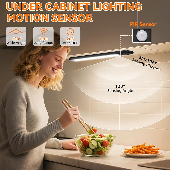 Under Cabinet Lighting Wireless, 15inch Rechargeable Motion Sensor Light Indoor, 3 Color Closet Light Battery Operated with LED Power Display, Magnetic Under Counter Lights for Kitchen (3Pack-Black)