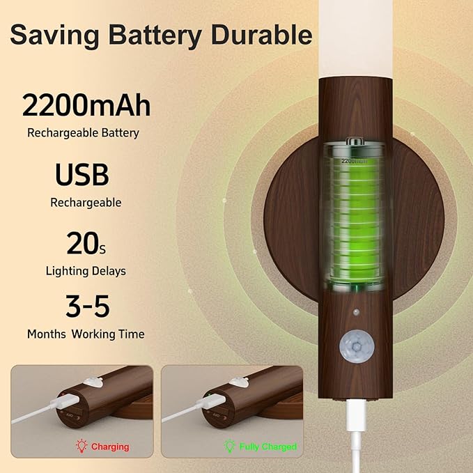 WhitePoplar Battery Operated Wall Sconce Set of 2 - Rechargeable Motion Sensor Night Lights, 2200mAh Wireless Wall Lights Sconce, Magnetic Portable Hallway Light for Kitchen Stair Cabinet, 3000K
