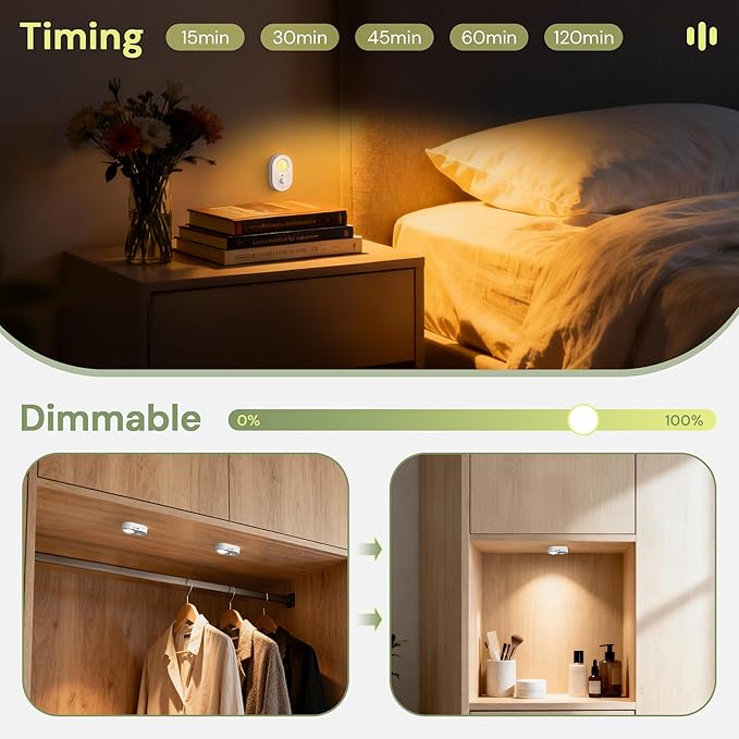 LOHAS 6-Pack Rechargeable Motion Sensor LED Puck Lights, Stick-On Wireless Magnetic Night Lights with Remote, Adjustable Brightness, Dimmable Under Counter Lights for Drawer, Kitchen, Bedroom, White