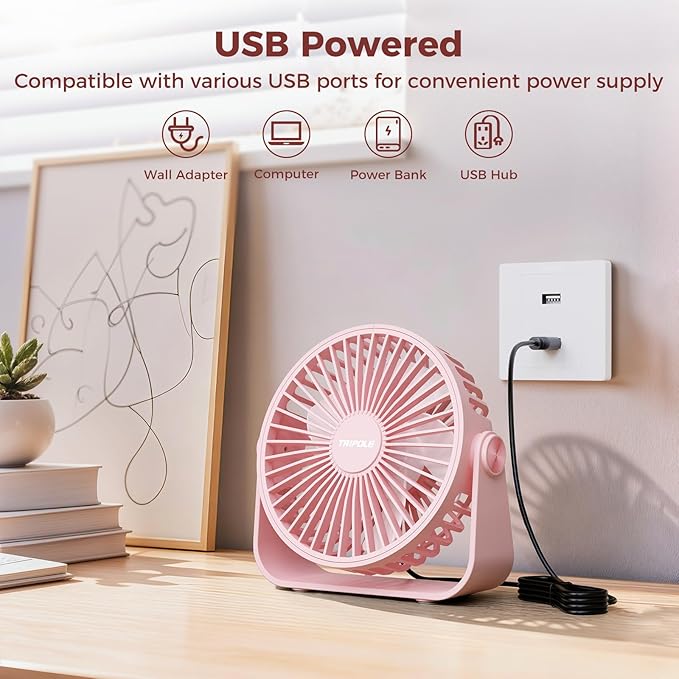 TriPole USB Desk Fan Portable Mini Fan Powerful 3 Speeds Wind Personal Desktop Fan with 360° Head Rotation for Home Office Car Indoor Outdoor Pink, No Battery, 4.5 Inches