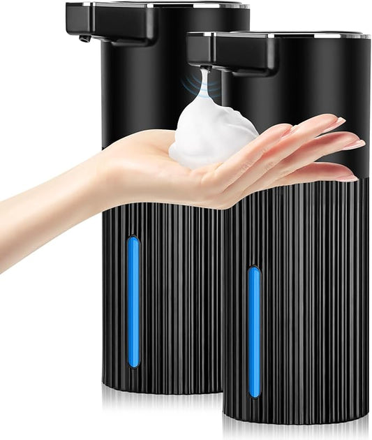 2 Pack Automatic Soap Dispenser: 14oz Plastic - Foaming Touchless 4 Level Adjustable Wall Mount Foam Black Rechargeable Electric Auto Smart Soap Dispenser Set - Bathroom Kitchen Hand Dish Lotion