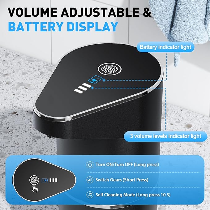 Fantictas Automatic Soap Dispenser,Touchless Hand Wall Mount Rechargeable 3 Gear Adjustable Electric Soap Dispenser 350ml with Infrared Motion Sensor for Bathroom,Kitchen,Office, Black Gel