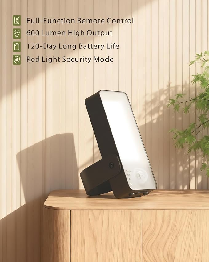 KMSCO Battery Motion Sensor Light Outdoor, Motion-Sensing Security Light with Remote Control, 10000mAh 600 Lumens IP65 Waterproof, Ideal for Porches,Garages,Yards (Black, 1 Pack)