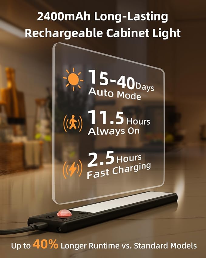 EZVALO 8" Under Cabinet Lighting, 2400mAh USB-C Rechargeable Motion Sensor Light, 3 Color Temps, 5-Level Dimmable Magnetic Wireless Closet Lights for Kitchen, Pantry, Stairs (2 Pack)
