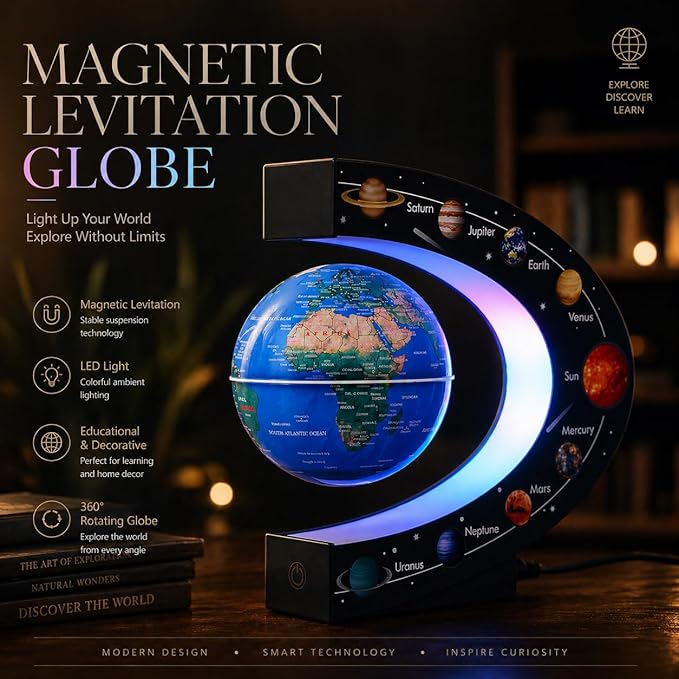 Magnetic Levitation Floating Rotating 3in Globe With Colored Lamp For Men Boss Cool Office Decor Gifts Or Kids Desk Toys,Nine planetary solar systems astronomy educational cosmic earth globe