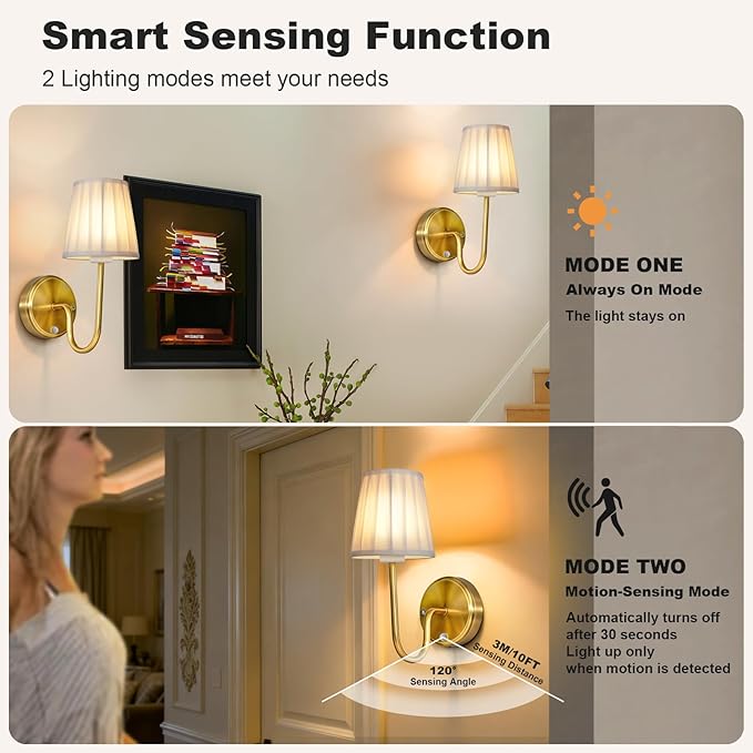 Cordless Motion Sensor Wall Sconce Set of 2, Rechargeable Wireless Wall Lamp with 5200mAh Battery, Dimmable Fabric Wall Sconce Light with Switch and Remote for Living Room Bedroom Hallway